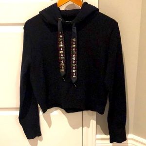 Zara cropped hoodie (dark blue) with gem detail on hoodie string. Size M.